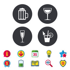 Alcoholic drinks icons. Champagne sparkling wine with bubbles and beer symbols. Wine glass and cocktail signs. Calendar, Information and Download signs. Stars, Award and Book icons. Vector