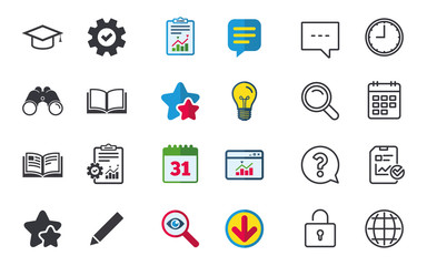 Pencil and open book icons. Graduation cap symbol. Higher education learn signs. Chat, Report and Calendar signs. Stars, Statistics and Download icons. Question, Clock and Globe. Vector