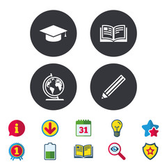 Pencil and open book icons. Graduation cap and geography globe symbols. Education learn signs. Calendar, Information and Download signs. Stars, Award and Book icons. Light bulb, Shield and Search