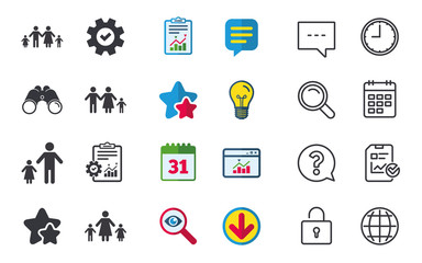 Family with two children icon. Parents and kids symbols. One-parent family signs. Mother and father divorce. Chat, Report and Calendar signs. Stars, Statistics and Download icons. Vector