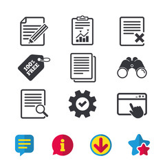 File document icons. Search or find symbol. Edit content with pencil sign. Remove or delete file. Browser window, Report and Service signs. Binoculars, Information and Download icons. Stars and Chat