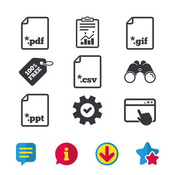 Download document icons. File extensions symbols. PDF, GIF, CSV and PPT presentation signs. Browser window, Report and Service signs. Binoculars, Information and Download icons. Stars and Chat. Vector