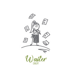 Waiter concept. Hand drawn charming female waiter in apron writing order. Waitress in cafe isolated vector illustration.