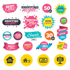 Sale shopping banners. For sale icons. Real estate selling signs. Home house symbol. Web badges, splash and stickers. Best offer. Vector