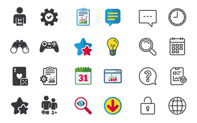 Gamer icons. Board games players signs. Video game joystick symbol. Casino playing card. Chat, Report and Calendar signs. Stars, Statistics and Download icons. Question, Clock and Globe. Vector