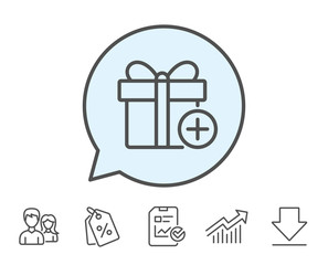 Add Gift box line icon. Present or Sale sign. Birthday Shopping symbol. Package in Gift Wrap. Report, Sale Coupons and Chart line signs. Download, Group icons. Editable stroke. Vector