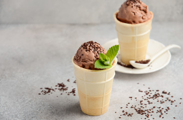 Chocolate ice cream with chocolate crumb on grey concrete background, selective focus, copy space