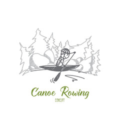 Canoe rowing concept. Hand drawn male athlete in a canoe rowing across lake. Sportsman in canoe isolated vector illustration.