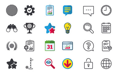 Golf ball icons. Laurel wreath winner award cup sign. Luxury sport symbol. Chat, Report and Calendar signs. Stars, Statistics and Download icons. Question, Clock and Globe. Vector
