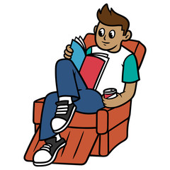 Cartoon Boy Sitting Reading Magazine Vector Illustration