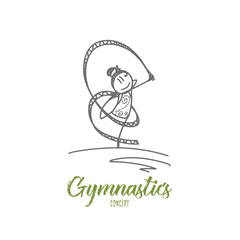 Gymnastics concept. Hand drawn young girl doing gymnastics with ribbon. Happy female athlete doing gymnast exercises isolated vector illustration.