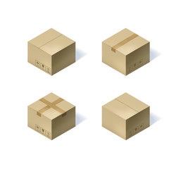 Set of four isometric cardboard boxes isolated on white.