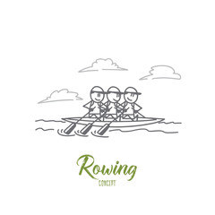 Rowing concept. Hand drawn rowers paddling in a lake. Sportsmen in boat isolated vector illustration.