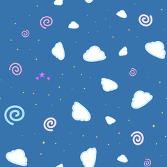 cartooned seamless pattern with stars and clouds, vector illustration background