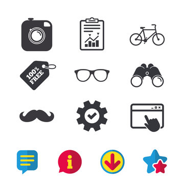 Hipster photo camera with mustache icon. Glasses symbol. Bicycle family vehicle sign. Browser window, Report and Service signs. Binoculars, Information and Download icons. Stars and Chat. Vector