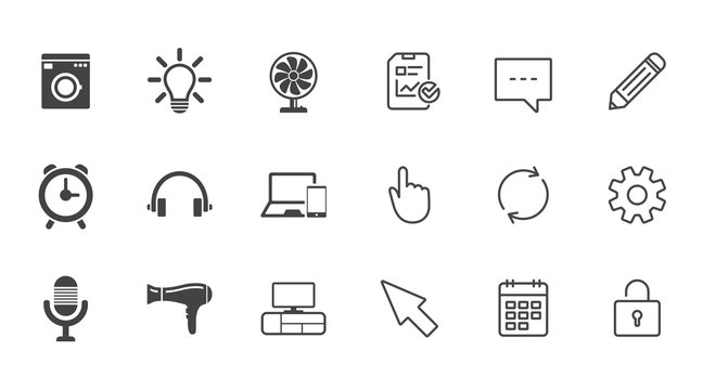 Home appliances, device icons. Ventilator sign. Hairdryer, washing machine and lamp symbols. Chat, Report and Calendar line signs. Service, Pencil and Locker icons. Click, Rotation and Cursor. Vector