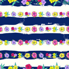 Exotic colorful flowers on a white-blue background with stripes