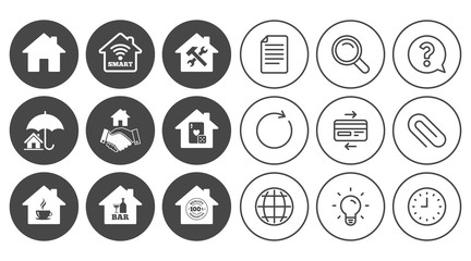 Real estate icons. House insurance, broker and casino with bar signs. Handshake deal, coffee and smart house symbols. Document, Globe and Clock line signs. Lamp, Magnifier and Paper clip icons