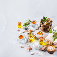 Spa wellness setting concept, background with essential oil soap cream