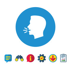 Talk or speak icon. Loud noise symbol. Human talking sign. Information, Report and Speech bubble signs. Binoculars, Service and Download icons. Vector