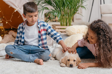 multicultural kids playing with cute labrador puppy at home