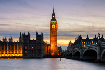 Fototapeta na wymiar Big Ben, Westminster, London, after colorful sunset