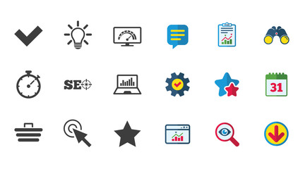 Internet, seo icons. Bandwidth speed, online shopping and tick signs. Favorite star, notebook chart symbols. Calendar, Report and Download signs. Stars, Service and Search icons. Vector