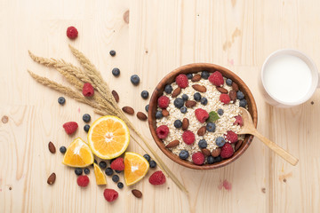 Healthy breakfast ingredients on wood table, Healthy food concept