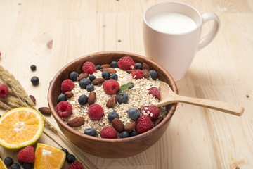 Healthy breakfast ingredients on wood table, Healthy food concept