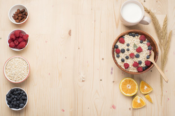 Healthy breakfast ingredients on wood table, Healthy food concept
