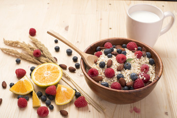 Healthy breakfast ingredients on wood table, Healthy food concept