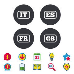 Fototapeta na wymiar Language icons. IT, ES, FR and GB translation symbols. Italy, Spain, France and England languages. Calendar, Information and Download signs. Stars, Award and Book icons. Light bulb, Shield and Search