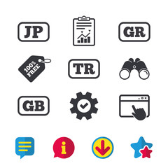 Language icons. JP, TR, GR and GB translation symbols. Japan, Turkey, Greece and England languages. Browser window, Report and Service signs. Binoculars, Information and Download icons. Stars and Chat