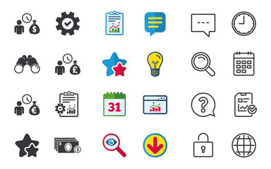 Bank loans icons. Cash money bag symbols. Borrow money sign. Get Dollar money fast. Chat, Report and Calendar signs. Stars, Statistics and Download icons. Question, Clock and Globe. Vector