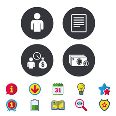 Fototapeta premium Bank loans icons. Cash money bag symbol. Apply for credit sign. Fill document and get cash money. Calendar, Information and Download signs. Stars, Award and Book icons. Light bulb, Shield and Search