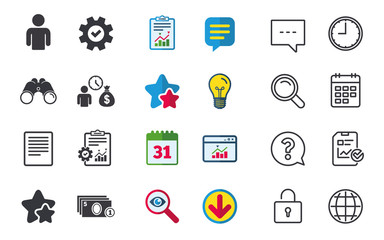 Bank loans icons. Cash money bag symbol. Apply for credit sign. Fill document and get cash money. Chat, Report and Calendar signs. Stars, Statistics and Download icons. Question, Clock and Globe