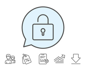Lock line icon. Private locker sign. Password encryption symbol. Report, Sale Coupons and Chart line signs. Download, Group icons. Editable stroke. Vector