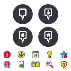 Map square pointer icons. Home, food and user location symbols. Restaurant and cupcake signs. You are here. Calendar, Information and Download signs. Stars, Award and Book icons. Vector