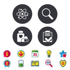 Medical icons. Atom, magnifier glass, checklist signs. Medical heart pills bottle symbol. Pharmacy medicine drugs. Calendar, Information and Download signs. Stars, Award and Book icons. Vector