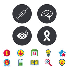 Medicine icons. Syringe, eye with drop, brain and ribbon signs. Breast cancer awareness symbol. Human smart mind. Calendar, Information and Download signs. Stars, Award and Book icons. Vector