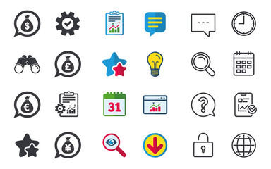 Fototapeta premium Money bag icons. Dollar, Euro, Pound and Yen speech bubbles symbols. USD, EUR, GBP and JPY currency signs. Chat, Report and Calendar signs. Stars, Statistics and Download icons. Vector