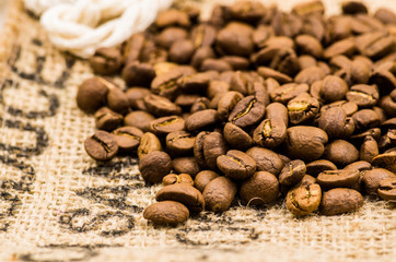 coffee beans in a linen bag