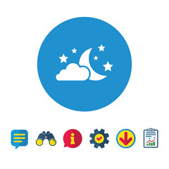 Moon, clouds and stars icon. Sleep dreams symbol. Night or bed time sign. Information, Report and Speech bubble signs. Binoculars, Service and Download icons. Vector