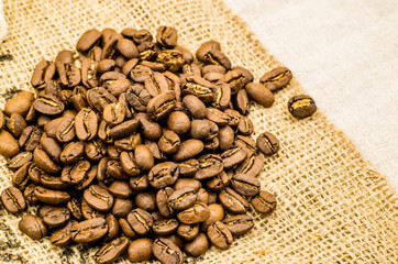 coffee beans in a linen bag