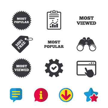 Most popular star icon. Most viewed symbols. Clients or customers choice signs. Browser window, Report and Service signs. Binoculars, Information and Download icons. Stars and Chat. Vector