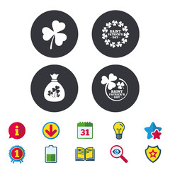 Saint Patrick day icons. Money bag with clover sign. Wreath of trefoil shamrock clovers. Symbol of good luck. Calendar, Information and Download signs. Stars, Award and Book icons. Vector