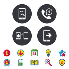 Fototapeta premium Phone icons. Smartphone with speech bubble sign. Call center support symbol. Synchronization symbol. Calendar, Information and Download signs. Stars, Award and Book icons. Vector