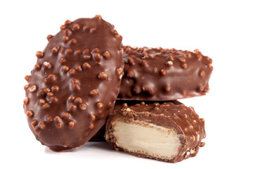 chocolate candy with white filling isolated on white background