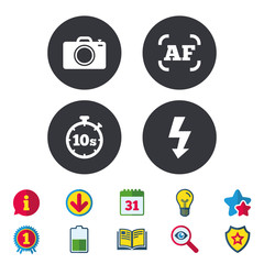 Photo camera icon. Flash light and autofocus AF symbols. Stopwatch timer 10 seconds sign. Calendar, Information and Download signs. Stars, Award and Book icons. Light bulb, Shield and Search. Vector