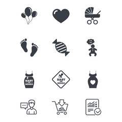 Pregnancy, maternity and baby care icons. Newborn, strollers and pacifier signs. Footprint, candy and love symbols. Customer service, Shopping cart and Report line signs. Vector